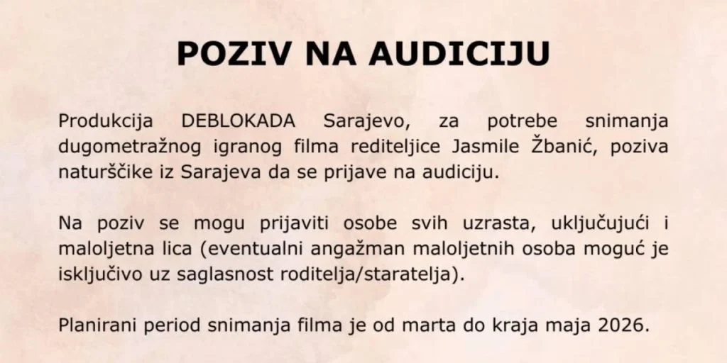Jasmila Žbanić poziva na audiciju: Traže se naturščici iz Sarajeva